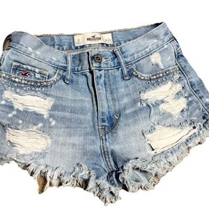 Hollister Women's Light Blue Distressed Jean Shorts